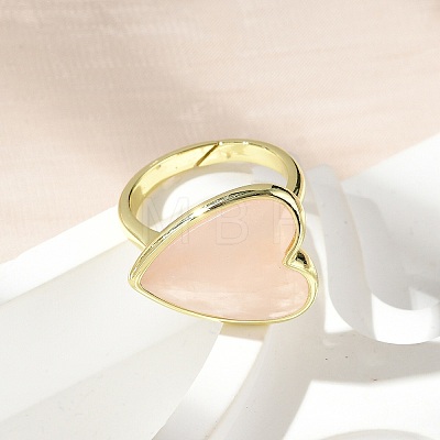 Heart Brass Natural Rose Quartz Finger Rings RJEW-D304-01G-B-1