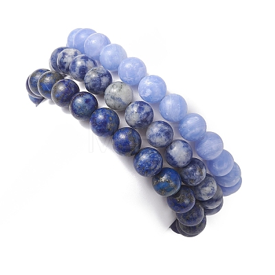 3Pcs Round Natural Blue Spot Jasper & Dyed Blue Lace Agate & Lapis Lazuli & Pearl Beaded Stackable Stretch Bracelets Sets BJEW-JB12992-1