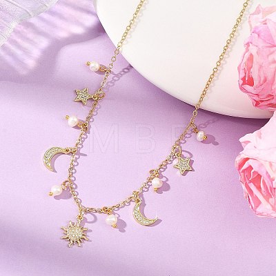 Brass Micro Pave Clear Cubic Zirconia Moon Star Sun Pendant Cable Chain Necklaces with Natural Pearl Beads for Women NJEW-JN06233-1