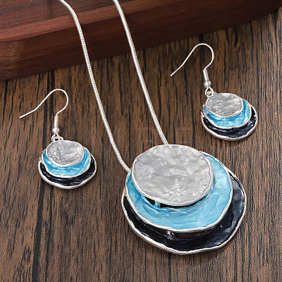 Three Flat Round Zinc Alloy Enamel Pendant Necklaces & Dangle Earrings Sets WGCF00E-02-1