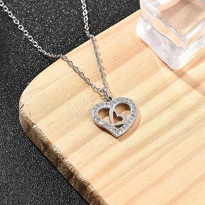 304 Stainless Steel Crystal Rhinestone Heart Pendant Cable Chain Necklaces for Women NJEW-Z056-01C-P-1