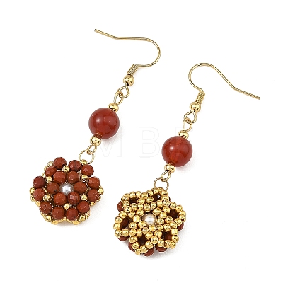 Natural Red Jasper & Carnelian and Shell Pearl Braided Dangle Earrings EJEW-MZ00789-02-1