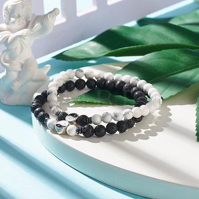 2Pcs 2 Style Natural Howlite & Lava Rock Round Beaded Stretch Bracelets Set with Yin Yang BJEW-JB07644-1