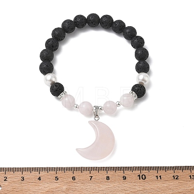 Natural Madagascar Rose Quartz & Lava Rock & Shell Pearl Charm Bracelets BJEW-JB13707-02-1