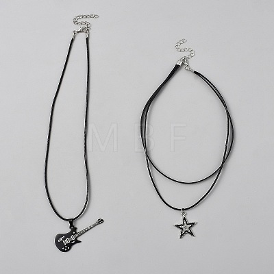 Gothic Alloy Star Guitar Pendant Imitation Leather Cord 3 Layer Necklaces NJEW-WH20004-24-1