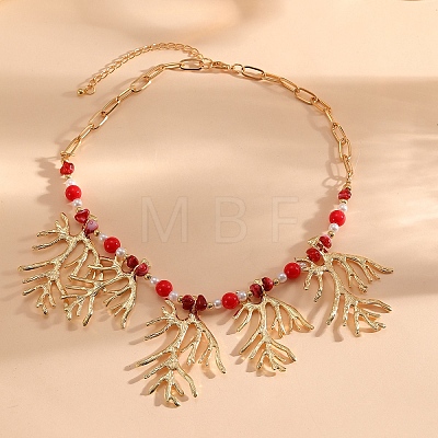Boho Alloy Coral Shape Pendant Bib Necklaces with Resin Beads for Women WG3C14A-02-1