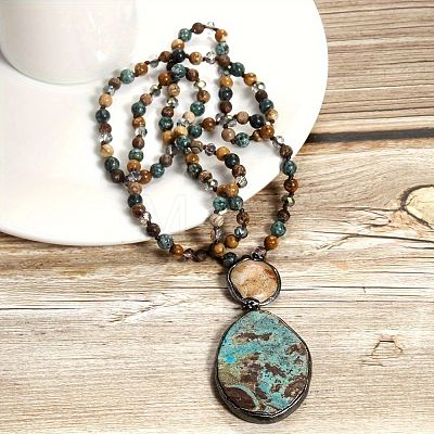 Bohemian Vintage Style Natural Shoushan Stone with Glass Pendant Necklaces FS-WG0BFE5-04-1