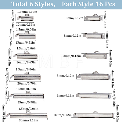SUNNYCLUE 96Pcs 6 Size 304 Stainless Steel Slide On End Clasp Tubes STAS-SC0007-72-1