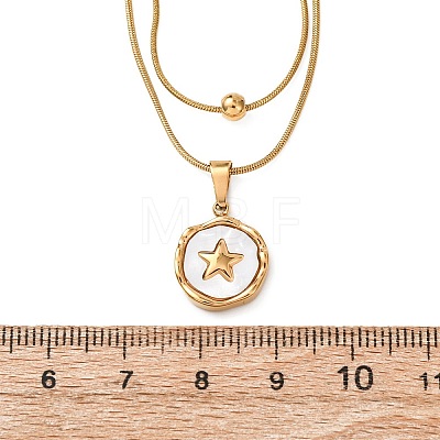 304 Stainless Steel with Natural White Shell Square Disc Pendant Double Layer Necklaces NJEW-K300-06C-G-1