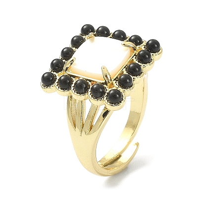 Natural Black Agate & Shell Rectangle Adjustable Ring RJEW-B030-02A-02-1