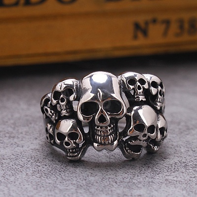 Steam Punk Style Titanium Steel Multi-Skull Finger Rings SKUL-PW0005-08E-1