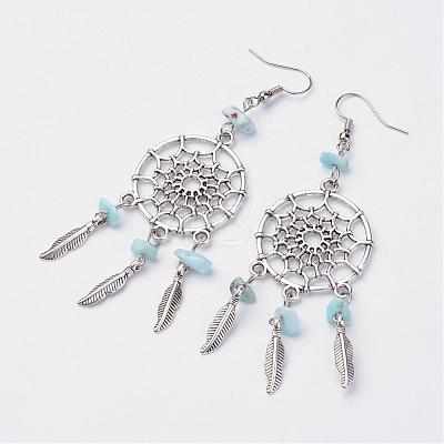 Woven Net/Web with Feather Alloy Dangle Earrings EJEW-JE02247-01-1