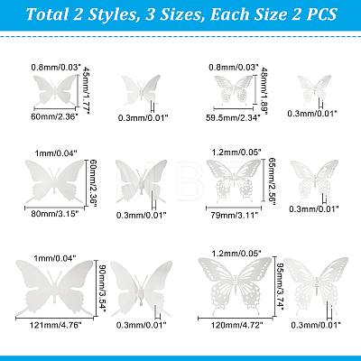 Unicraftale 12Pcs 6 Style Stainless Steel Butterfly Wall  Decoration Pendants STAS-UN0036-52P-1