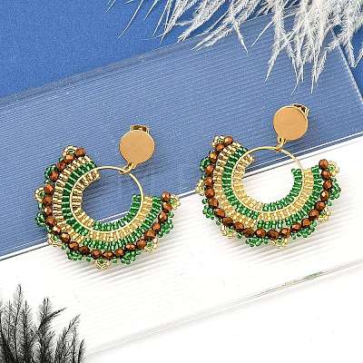 304 Stainless Steel & Bohemian Beaded Fan Dangle Stud Earrings for Women EJEW-R001-05G-02-1