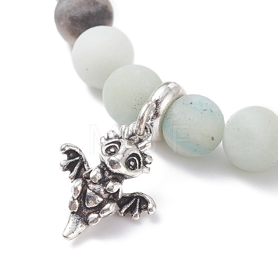 Natural Frosted Flower Amazonite Round Beaded Stretch Bracelet with Dragon Charm BJEW-JB07596-1
