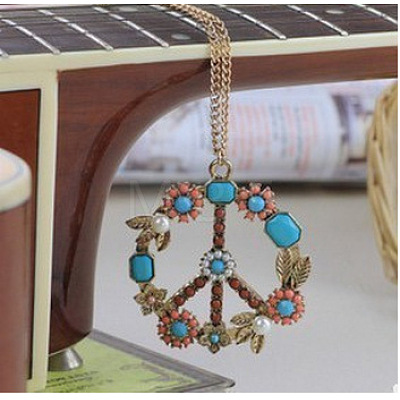 Bohemian Flower Peace Sign Alloy & Glass & Plastic Pearl Pendant Necklaces FS-WG15A32-01-1