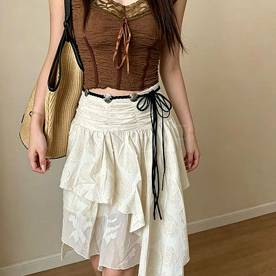 Boho Embossed Floral Alloy Coin Polyester Tie Chain Belts for Women FS-WGDC917-01-1