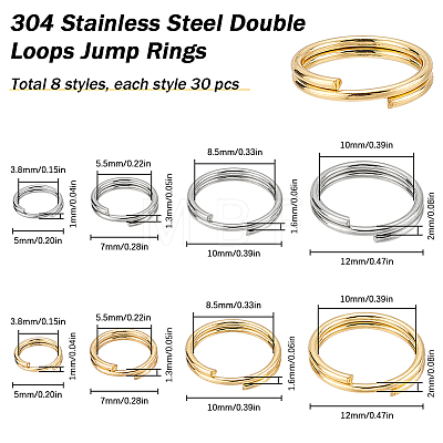 SUNNYCLUE 240pcs 8 Styles 304 Stainless Steel Split Rings STAS-SC0005-98-1