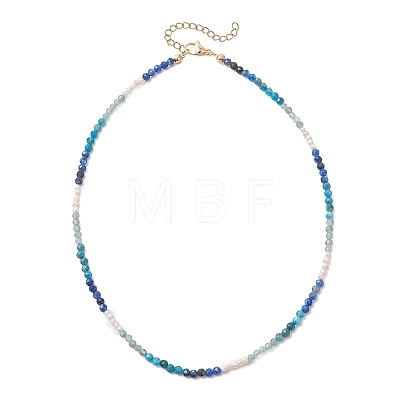 3.5MM Faceted Round Natural Apatite & Kyanite and Potato Natural Pearl Beaded Necklaces with 304 Stainless Steel End Chains NJEW-JN05974-01-1