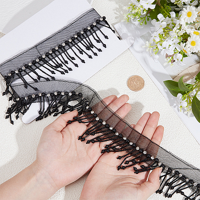 Polyester & Glass Rhinestone & Imitation Pearl Beaded Tassel Ribbon DIY-CY0003-68B-1