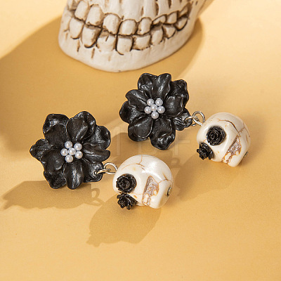 Flower with Skull Acrylic & Plastic Pearl Dangle Stud Earrings FS-WG9B583-01-1