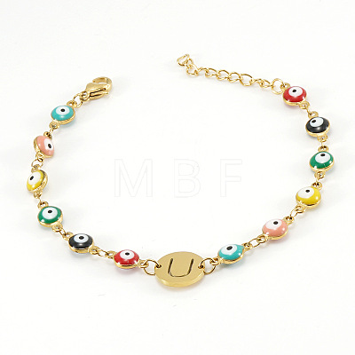 Colorful 304 Stainless Steel & Evil Eye Enamel Flat Round Link Bracelets FS-WGB13F5-21-1