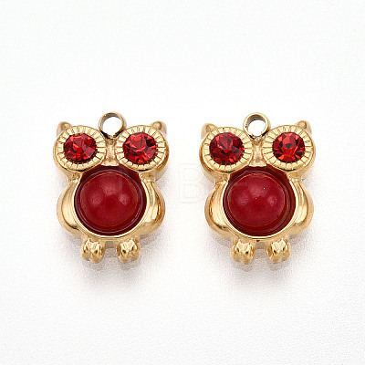 304 Stainless Steel Pave Natural Red Jasper and Ruby Rhinestone Owl Charms STAS-T064-66G-1