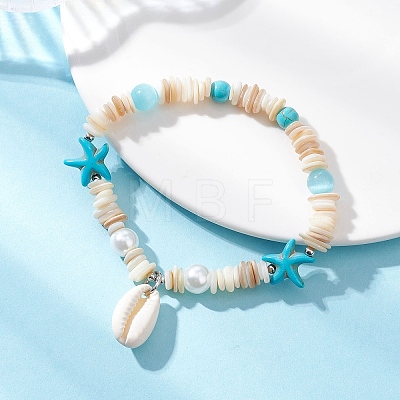 Natural Shell & Synthetic Turquoise Beads Charm Bracelets BJEW-TA00699-1