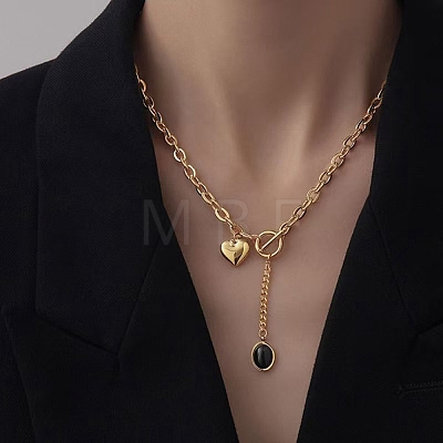 304 Stainless Steel Resin Black Oval Heart Lariat Necklaces with OT Clasps SA-B005-01G-1