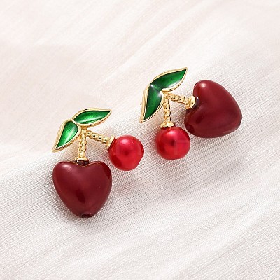 Cherry Brass ABS Plastic Pearl Stud Earrings EJEW-U062-04A-G-1