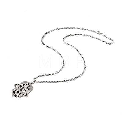 304 Stainless Steel Hollow Religion Hamsa Hand Pendant Necklaces NJEW-M086-01P-1