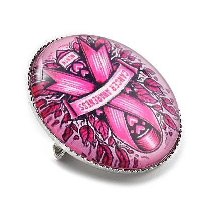 Breast Cancer Awareness Ribbon Glass Brooches JEWB-L019-01J-1