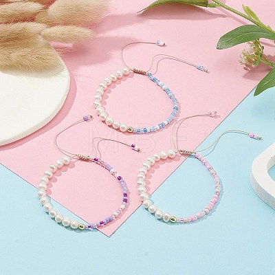 3Pcs 3 Color Glass Seed & Natural Pearl Braided Bead Bracelets Set BJEW-JB09572-1