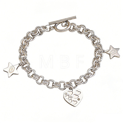 304 Stainless Steel Heart Star Charm Double Ring Link Chain Bracelets for Women with OT Clasps WG665C4-02-1