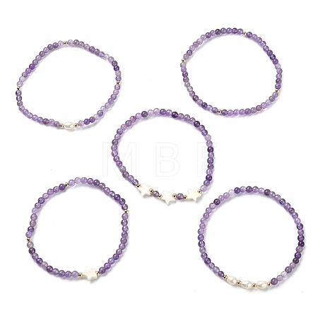 5Pcs 5 Style Natural Amethyst & Pearl & Shell Star Beaded Stretch Bracelets Set BJEW-JB09495-04-1
