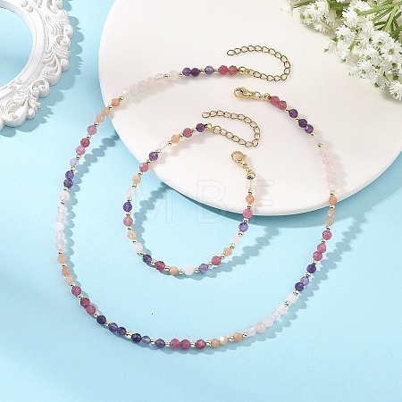 Natural Amethyst & Tourmaline & Sunstone & Rose Quartz Round Beaded Necklaces and Bracelet Set SJEW-JS01383-1