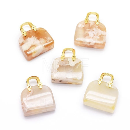Natural Cherry Blossom Agate Brass Pendants KK-E274-01G-03-1