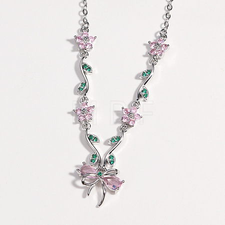Brass Pave Cubic Zirconia Flower Bowknot Pendant Necklaces for Women WGA7CA3-06-1