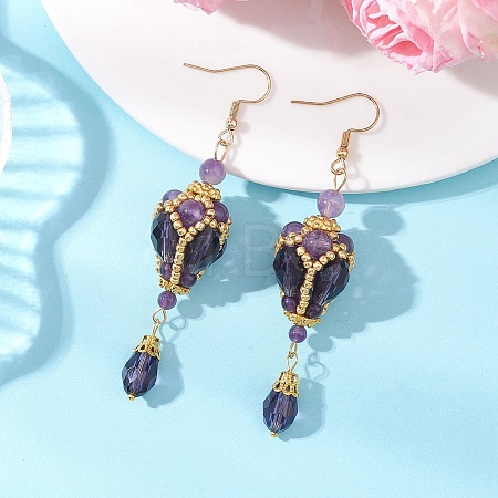 Teardrop Natural Amethyst & Glass Beaded Dangle Earrings EJEW-MZ00686-02-1