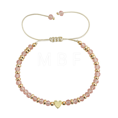 Adjustable Faceted Glass & Heart Brass Bead Braided Bracelets RF4294-1-1