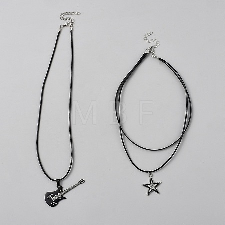 Gothic Alloy Star Guitar Pendant Imitation Leather Cord 3 Layer Necklaces NJEW-WH20004-24-1