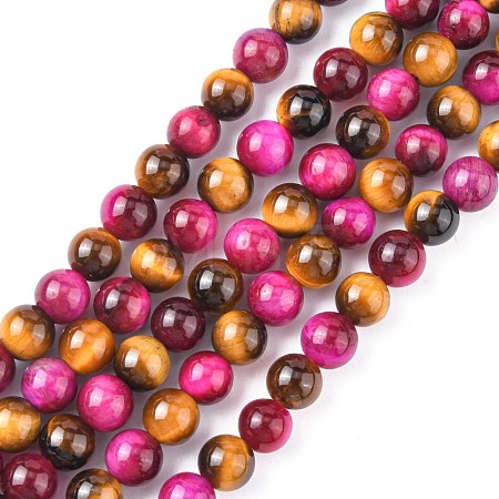 Natural Rose Tiger Eye(Dyed & Heated) and Yellow Tiger Eye(Dyed & Heated) Beads Strands X-G-G101-6mm-1-1
