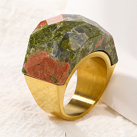 Fashionable 304 Stainless Steel & Natural Unakite Finger Rings FS-WG90577-38-1