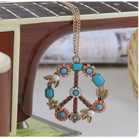 Bohemian Flower Peace Sign Alloy & Glass & Plastic Pearl Pendant Necklaces FS-WG15A32-01-1