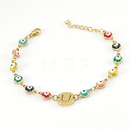 Colorful 304 Stainless Steel & Evil Eye Enamel Flat Round Link Bracelets FS-WGB13F5-21-1