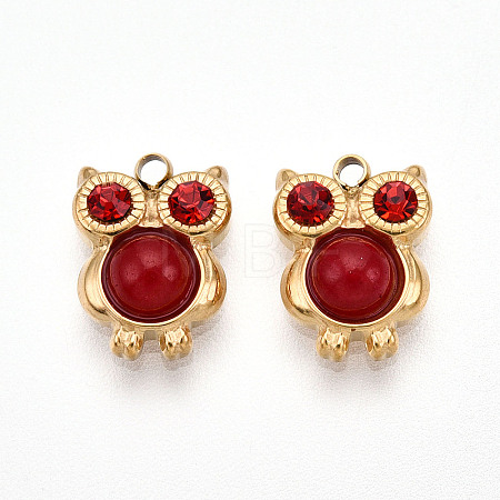 Natural Red Jasper and Ruby Rhinestone Owl Charms STAS-T064-66G-1