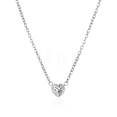 Heart-shaped 304 Stainless Steel Pave Clear Cubic Zirconia Pendant Cable Chain Necklaces for Women FS0820-2-1