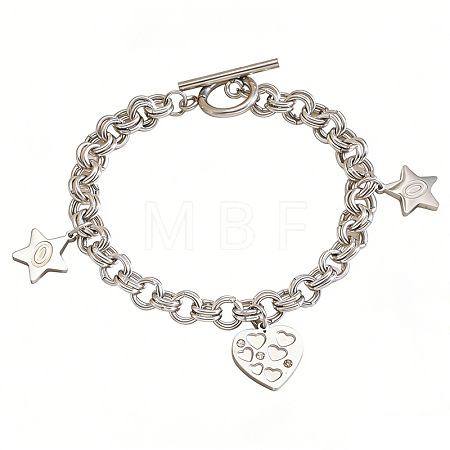 304 Stainless Steel Heart Star Charm Double Ring Link Chain Bracelets for Women with OT Clasps WG665C4-02-1