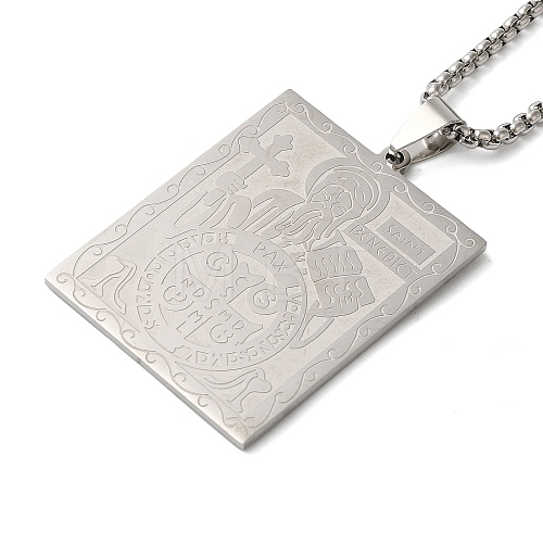 Non-Tarnish Rectangle 304 Stainless Steel Box Chain Saint Benedict Medal Pendant Necklaces for Women and Men NJEW-F324-09P-1