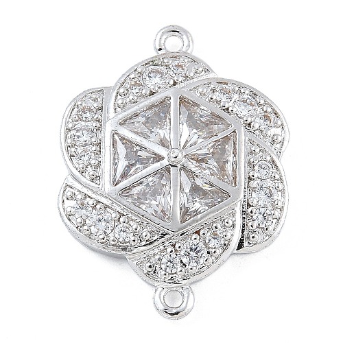 Rack Plating Brass Clear Cubic Zirconia Flower Connector Charms KK-A234-044P-1